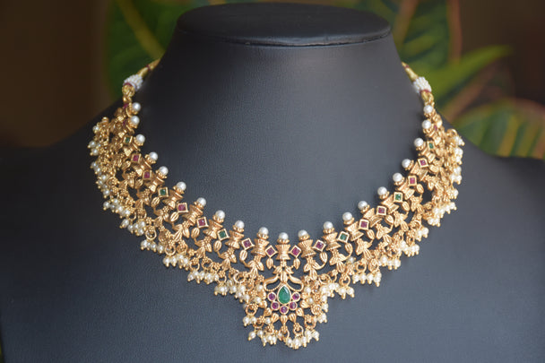 Intricate Gold Polish Pearly Ruby & Green Stone Necklace Set