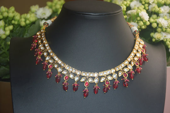Beautiful Red & White Kundan Beaded Necklace Set