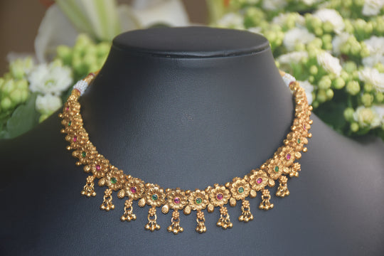 Traditional South Indian Floral Motif Necklace with Green & Fuchsia Stones