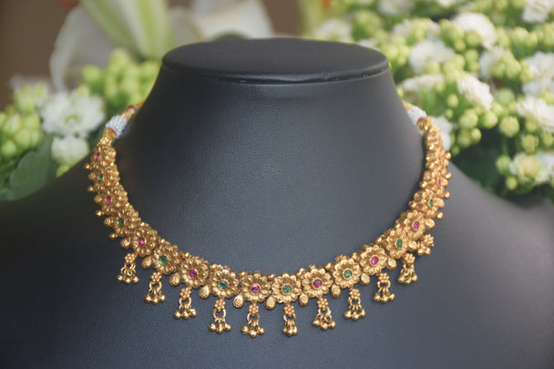 Traditional South Indian Floral Motif Necklace with Green & Fuchsia Stones