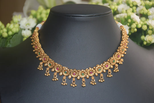 Traditional South Indian Floral Motif Necklace with Green & Fuchsia Stones