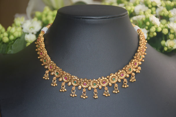 Traditional South Indian Floral Motif Necklace with Green & Fuchsia Stones