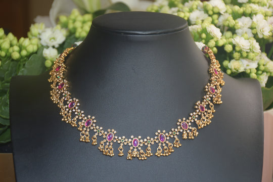 South Indian Style Floral Necklace with Pink Stones
