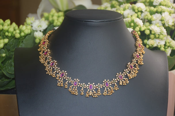 South Indian Style Floral Necklace with Pink Stones