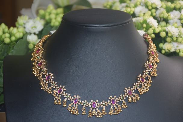 South Indian Style Floral Necklace with Pink Stones